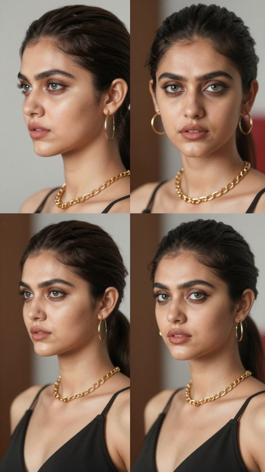 Character sheet of a beautiful young woman with soft European facial features,  fair smooth skin with subtle pores and fai...