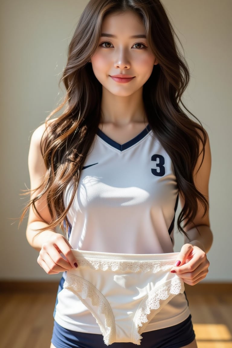 Create a realistic style photograph: A solo 1girl is holding cute lace-trimmed underwear,  standing with long brown hair f...