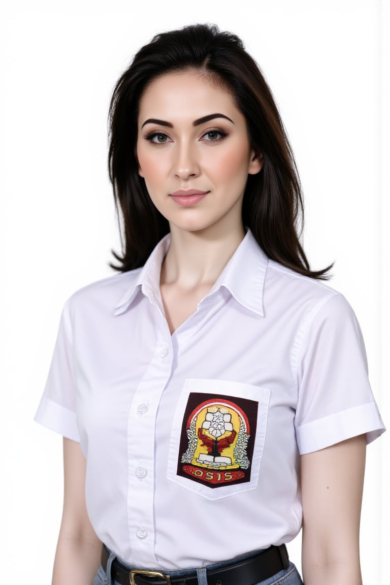 Woman wearing short sleeves white collared shirt with chest left pocket osis logo,  stone blue skirt,  black belt by Zero-...