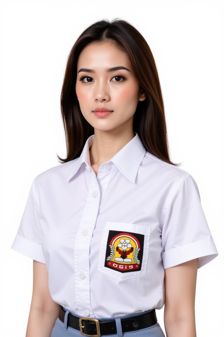 Woman wearing short sleeves white collared shirt with chest left pocket osis logo,  stone blue skirt,  black belt by Zero-...