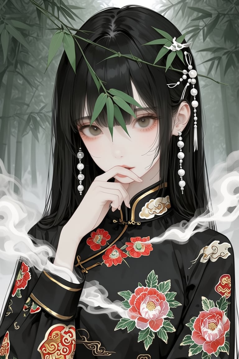 主体：新中式古风少女,  黑长直齐刘海造型,  佩戴珍珠流苏发饰 by Izmys on Tensor.Art
