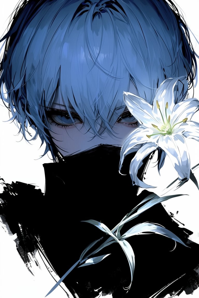 anime style,  cinematic close-up,  a mysterious character with short blue hair by Izmys on Tensor.Art