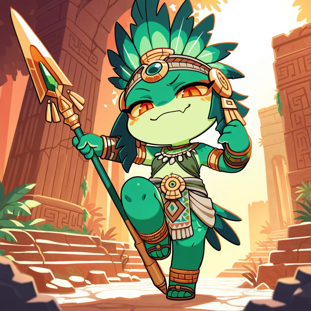 Chibi-style,  low-angle dynamic shot,  vibrant golden-hour lighting; chibi lizard girl with emerald-green scaly skin by OG...