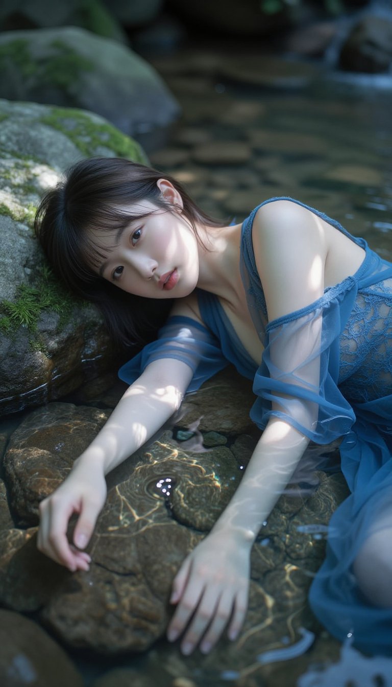 A young woman with short dark hair lies partially submerged in clear,  shallow water over mossy rocks. She wears a sheer b...
