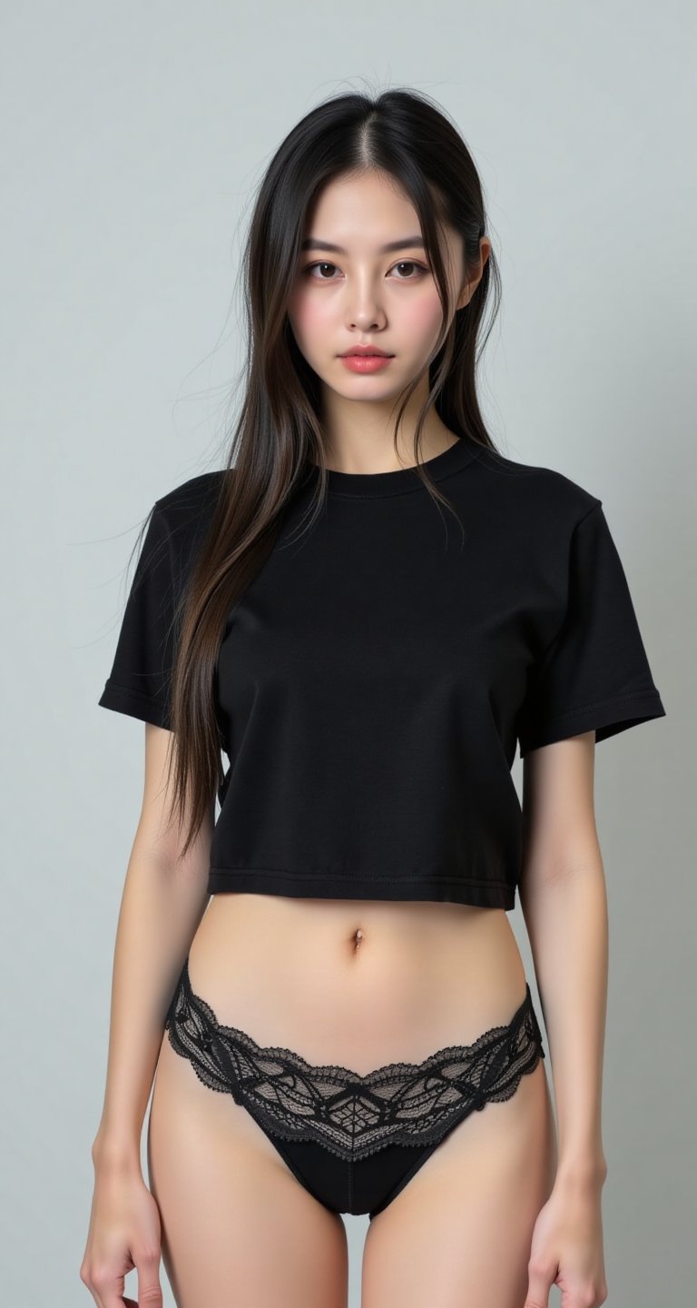 Generate a real-world photograph realistic photography 1girl solo long hair shirt black hair navel brown eyes standing bla...