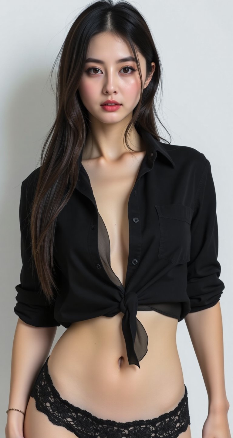 Generate a real-world photograph realistic photography 1girl solo long hair shirt black hair navel brown eyes standing clo...
