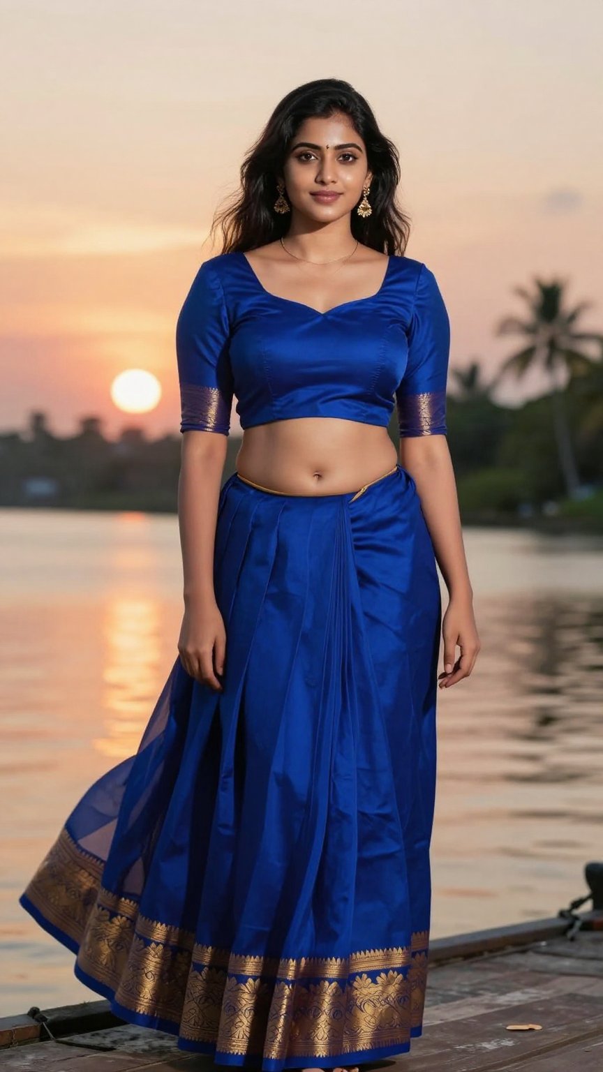 ultra realistic fair-skinned Kerala woman standing beside Kerala backwaters at sunset,  wearing a royal blue pattu pavada...