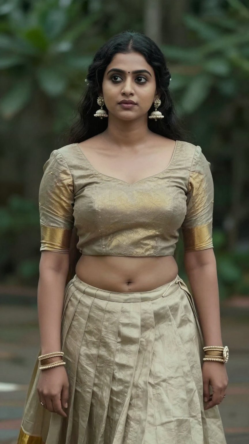 A woman kerala blouse and pavada skirt,  cinematic scene,  realistic portrait by AI factory on Tensor.Art