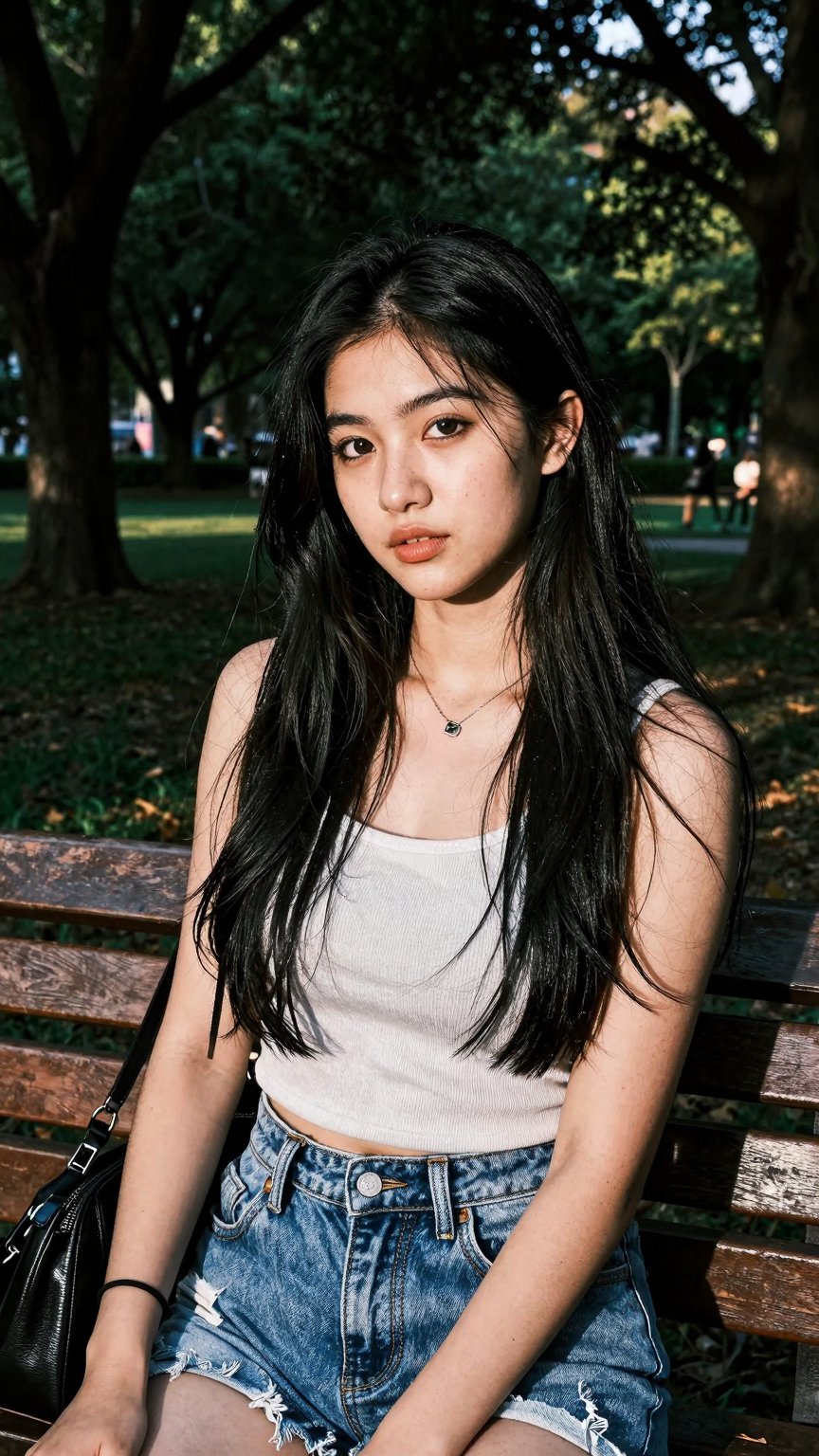 Create a stunning portrait of a gorgeous 18-year-old woman in a cute,  random outfit,  posing for a sensual photography se...