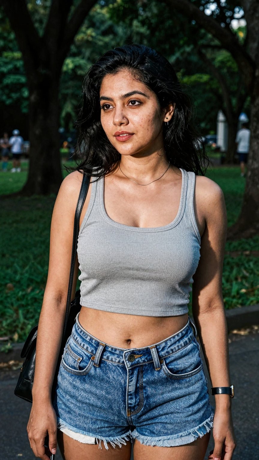 A gorgeous woman in her 30s in a cute random outfit posing for a sensual photography session at a local park. The shot is...