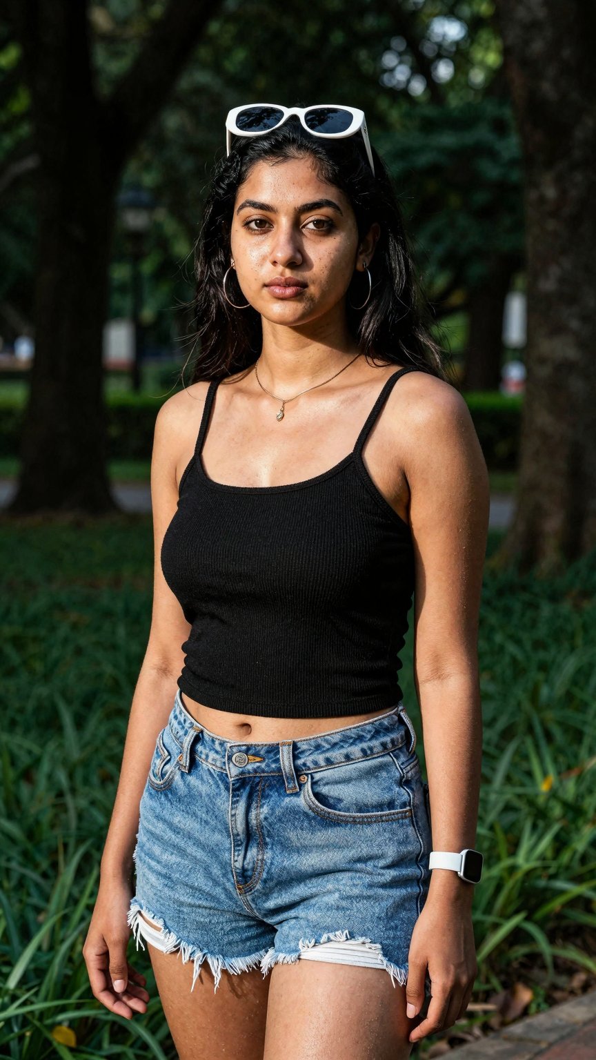 A gorgeous woman 18 yo,  in a cute random outfit posing for a sensual photography session at a local park. The shot is tak...