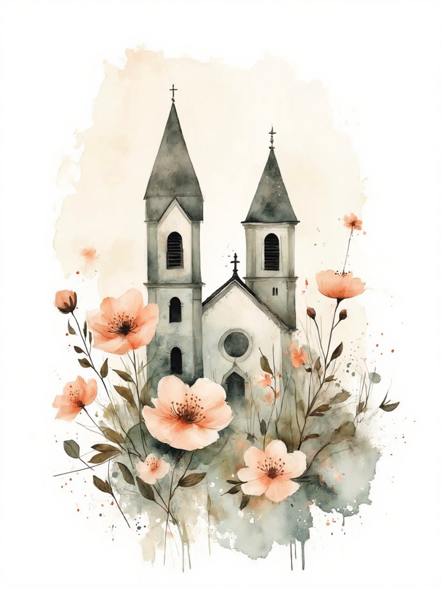 This watercolor illustration depicts a twin-towered church nestled behind a field of oversized,  peach-colored blossoms. T...