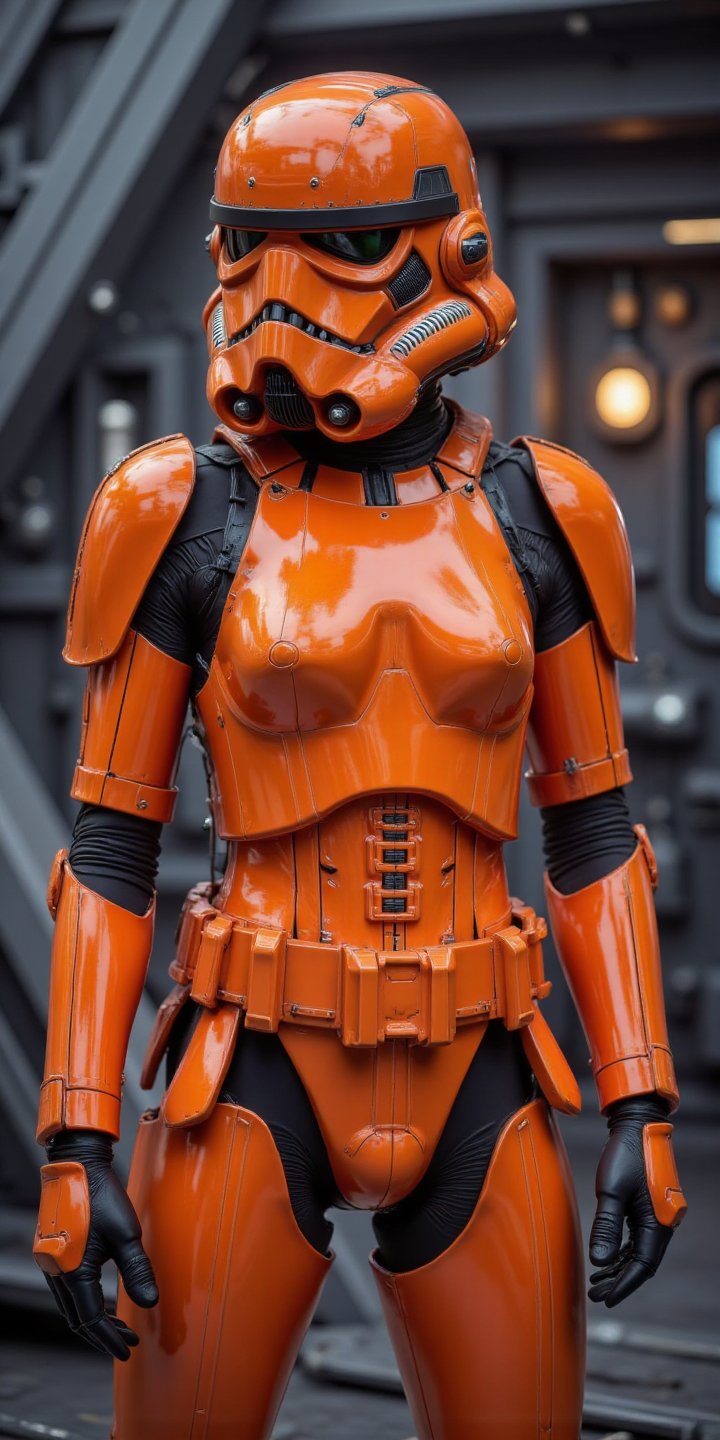 Hyper-realistic portrait of a female Stormtrooper,  high-gloss vibrant orange armor,  slim feminine silhouette by Monkeyze...