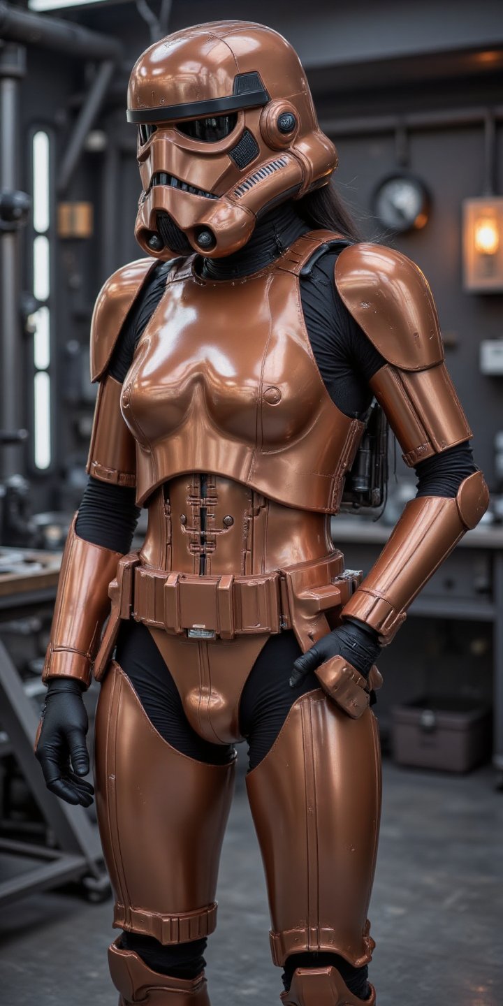Hyper-realistic portrait of a female Stormtrooper,  high-gloss vibrant,  copper and black armor by Monkeyzero on Tensor.Art