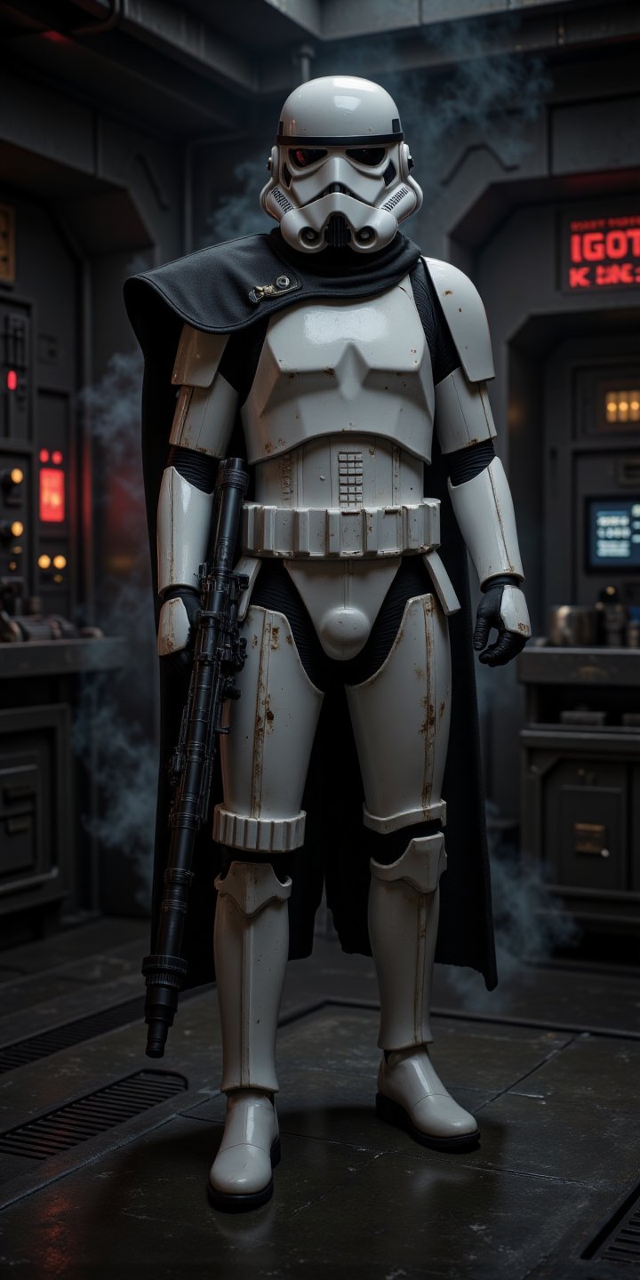 Prompt: Hyper-realistic medium shot of a female Stormtrooper in tactical white armor with a black kama and shoulder pauldr...