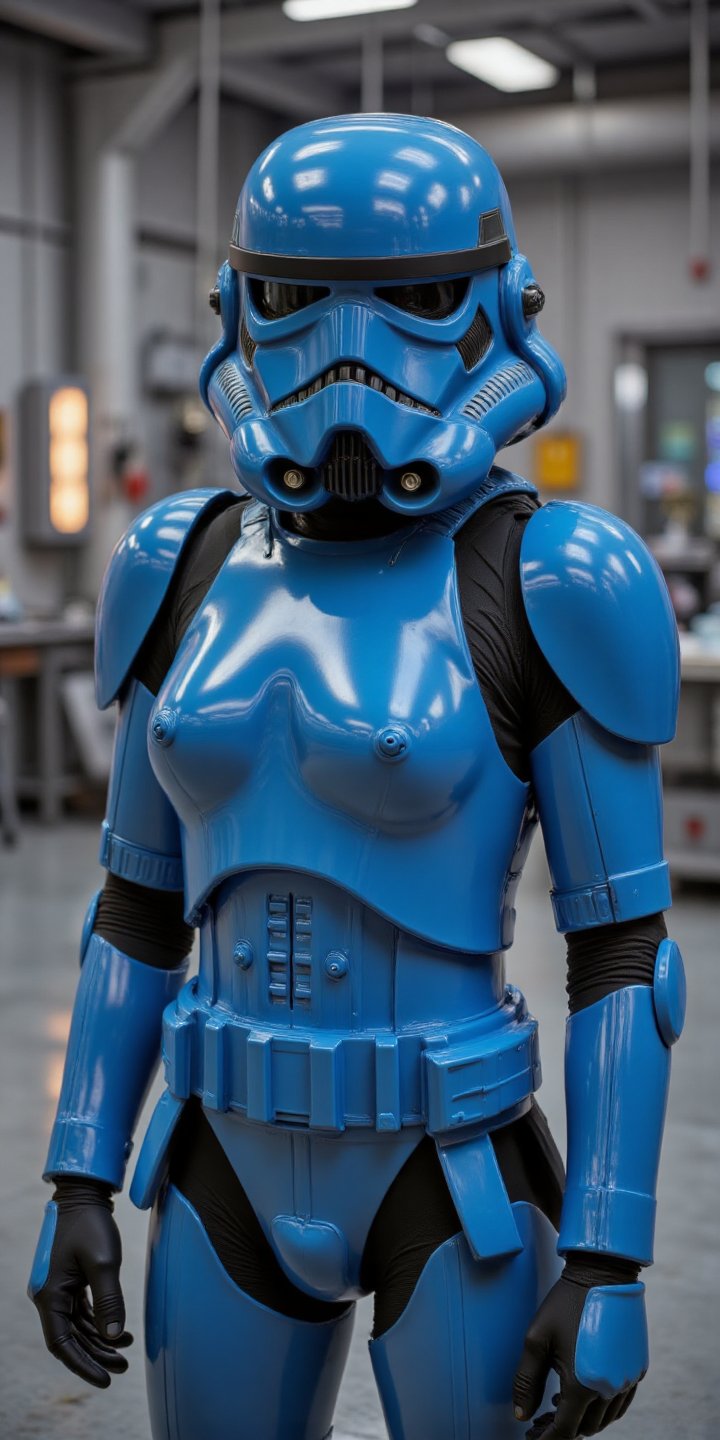 Hyper-realistic portrait of a female Stormtrooper,  high-gloss vibrant blue and black armor,  slim feminine silhouette by...