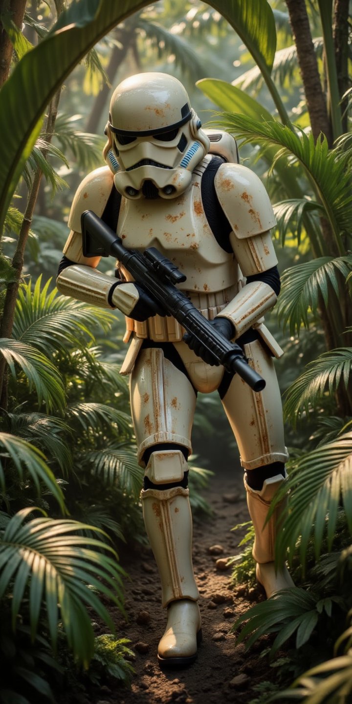 Prompt: Hyper-realistic cinematic action shot,  beautiful female Stormtrooper in a tactical crouch,  navigating through a...