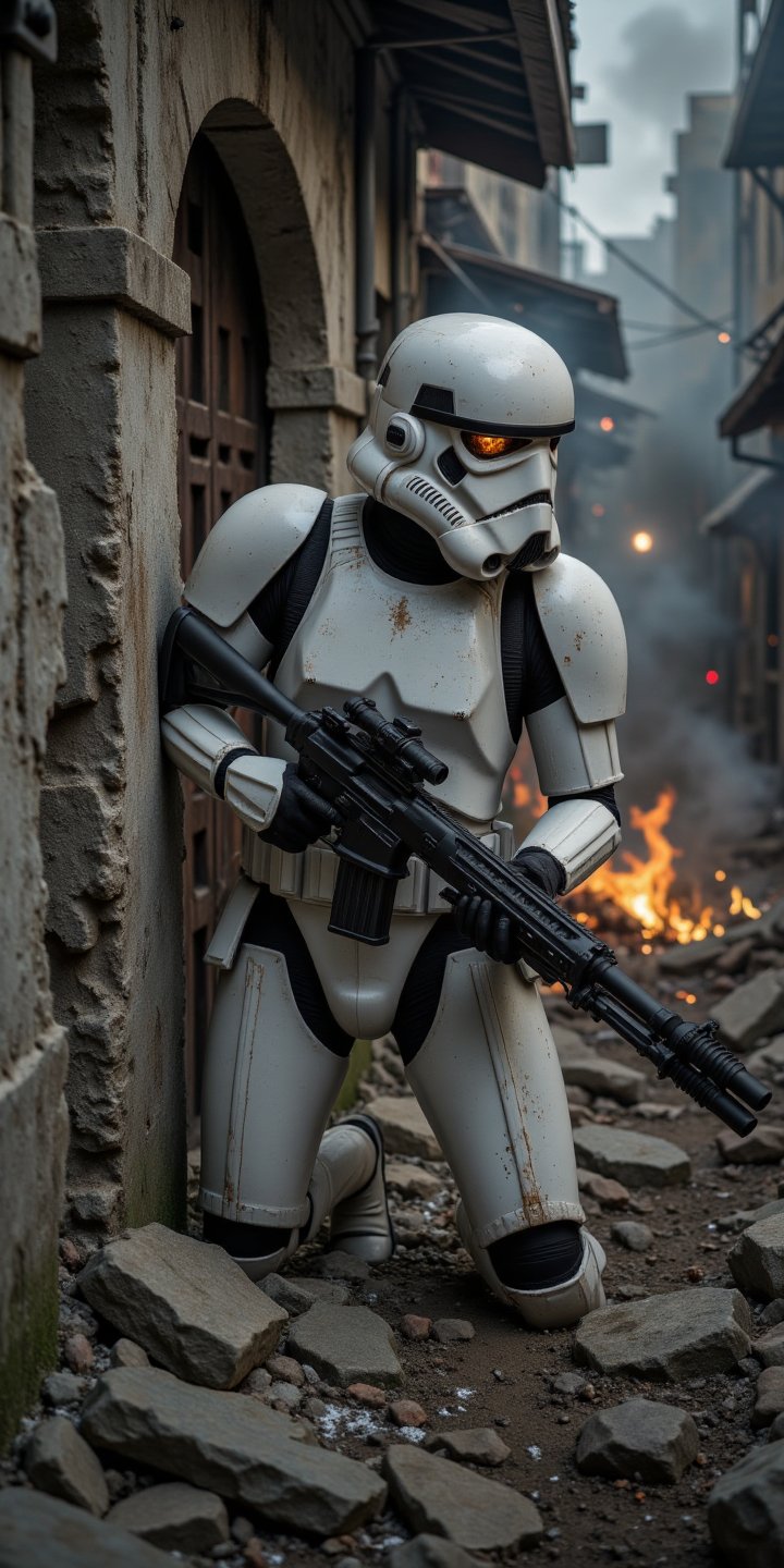 Prompt: Hyper-realistic cinematic shot of a battle-worn female Stormtrooper in a gritty urban warzone. She is in a tactica...
