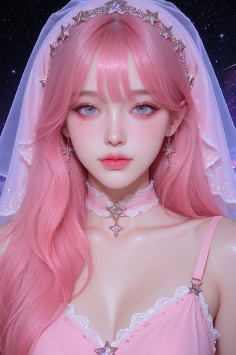 A highly dreamy digital art portrait of a young girl. Her body is covered with a gorgeous,  blue - pink gradient interwove...