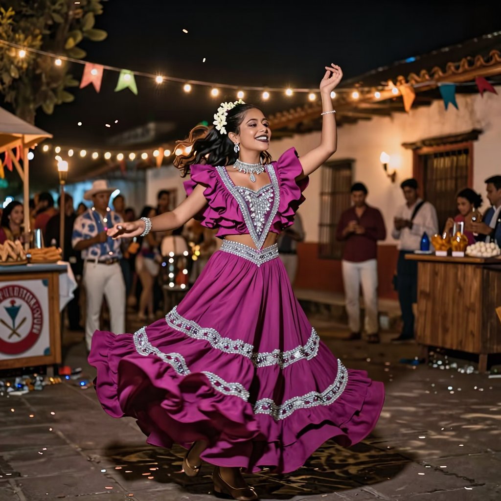 A festive evening portrayal of a Colombian beauty swaying to the rhythm of a live vallenato band at a town square fiesta,...