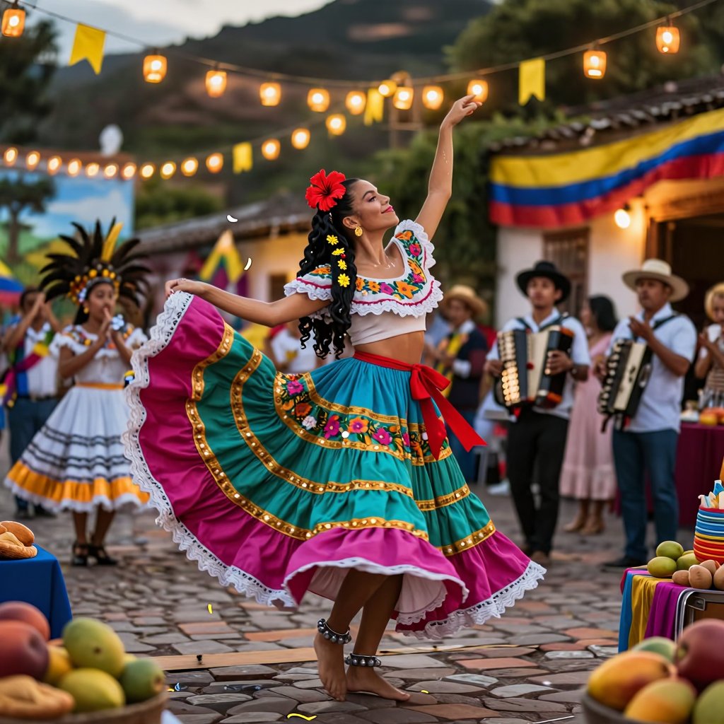 An exuberant Colombian woman in her late twenties,  sun‑kissed olive skin,  long wavy ebony hair threaded with a single br...