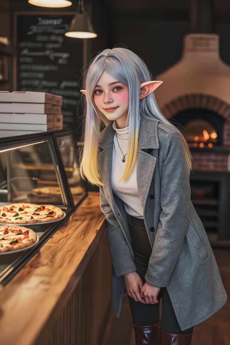 Modern pizzeria interior: warm wooden counter,  brick oven with glowing embers,  chalk-written menu board. Frieren by Jhou...