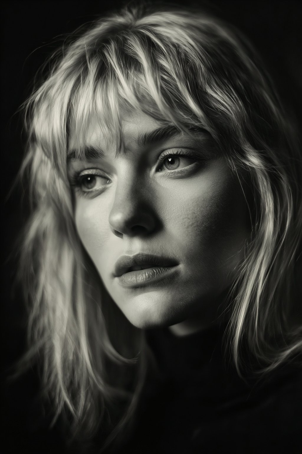 midjourneyanalog12z25 photograph. Black-and-white close-up of a woman shown in 3/4 view,  with a pensive expression lookin...