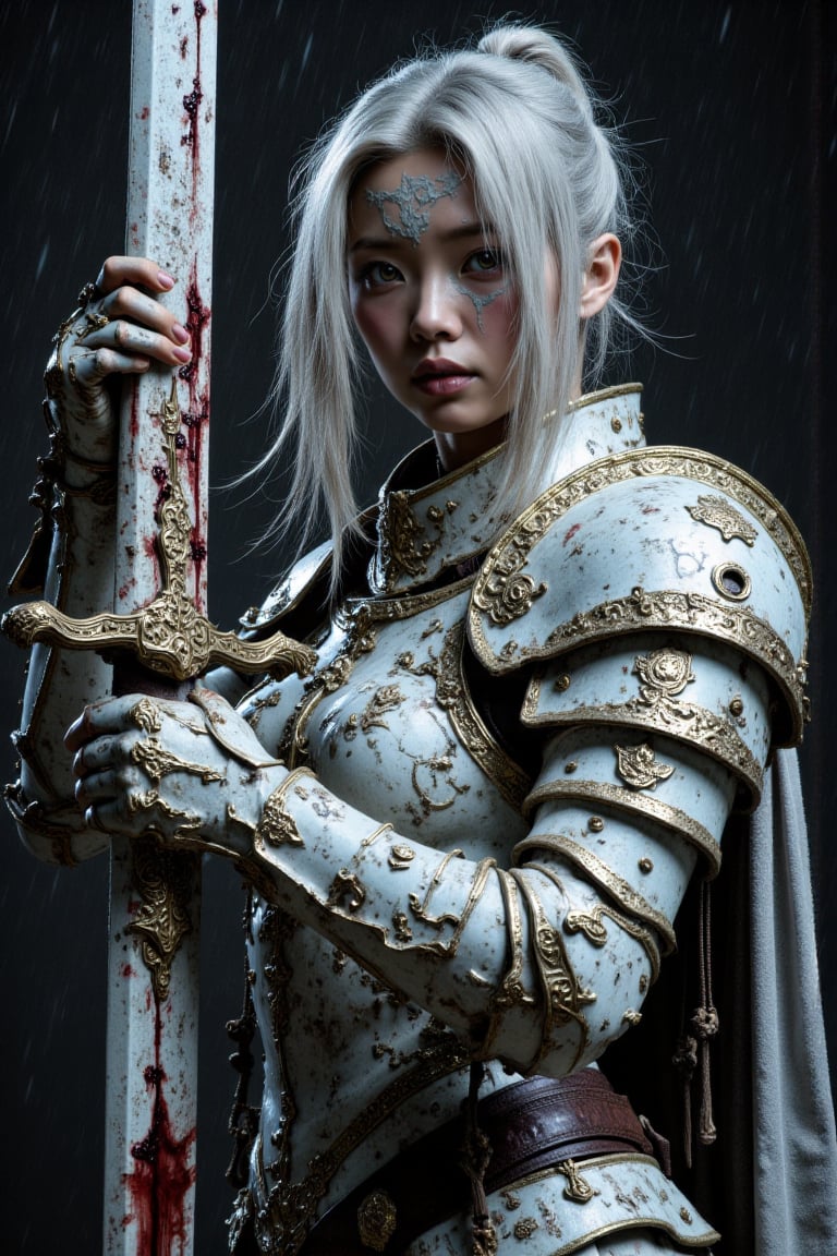 A cold and terrifyingly beautiful female warrior in hyperrealistic grimdark style. She wears heavy,  weathered silver-whit...