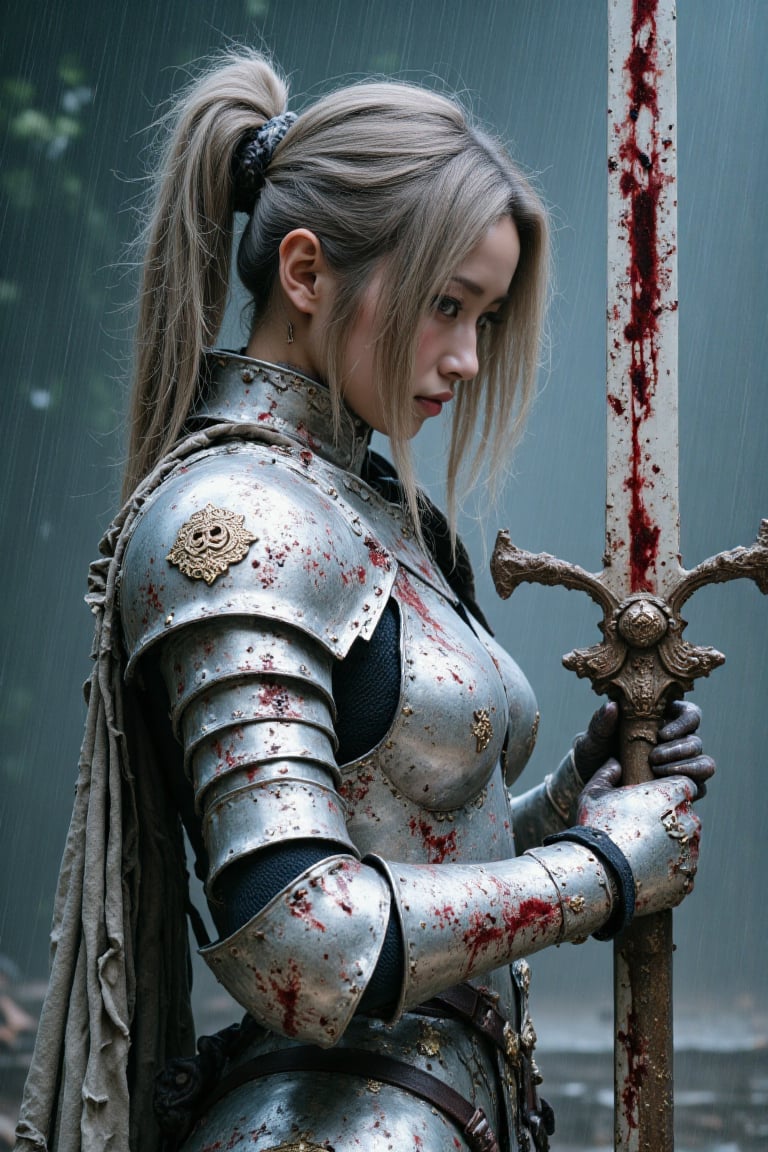 A cold and terrifyingly beautiful female warrior in hyperrealistic grimdark style. She wears heavy,  weathered silver-whit...