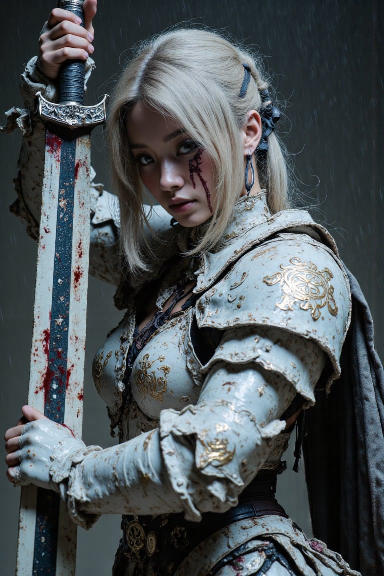 A cold and terrifyingly beautiful female warrior in hyperrealistic grimdark style. She wears heavy,  weathered silver-whit...