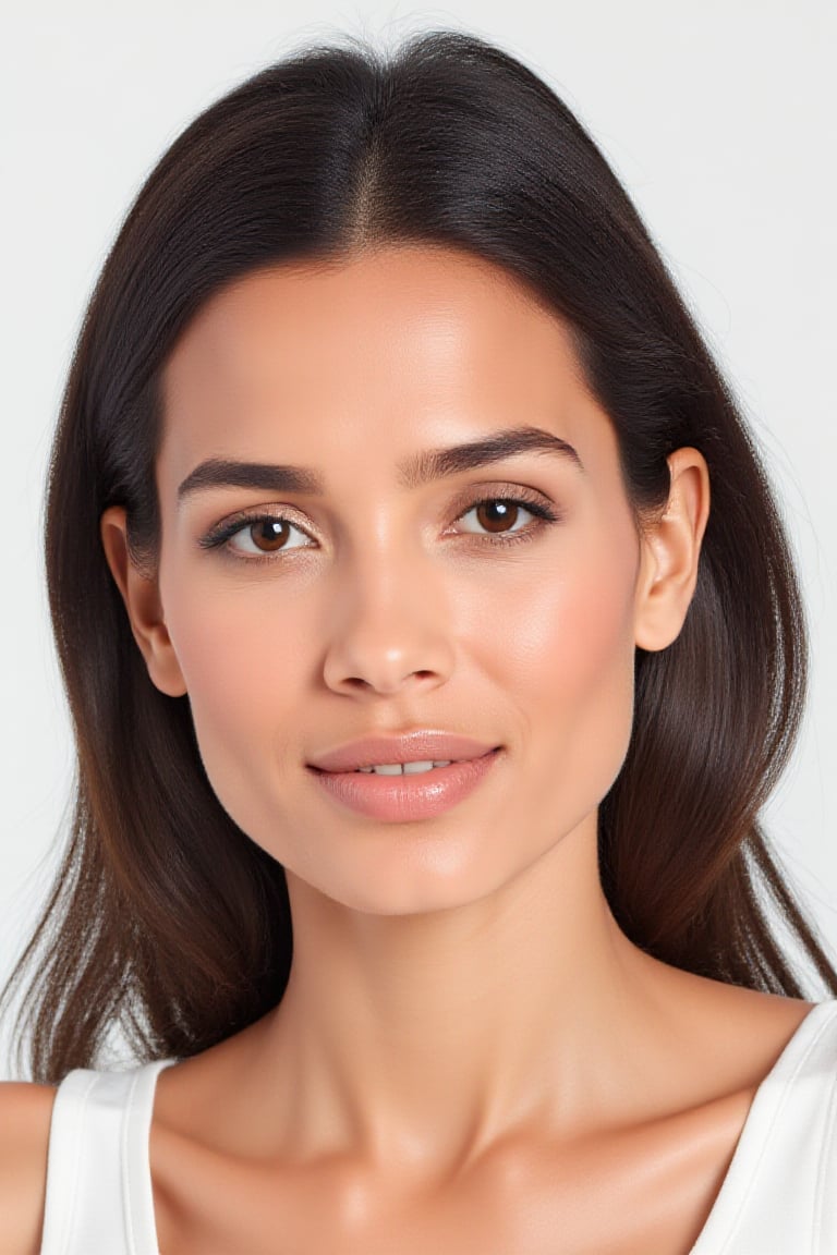 Close-up portrait headshot of a woman with long,  flowing dark hair cascading over her shoulders,  natural makeup with sof...