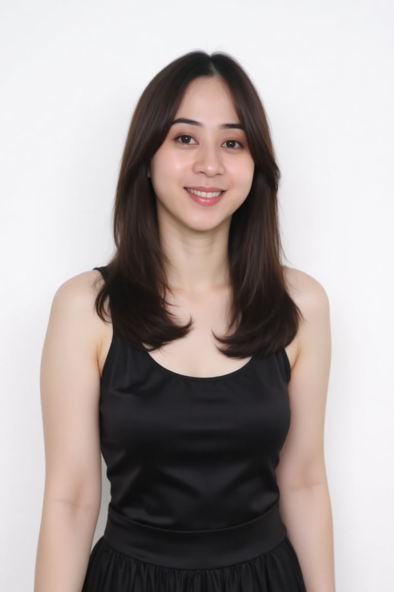 Photograph of a young Asian woman with fair skin and long,  dark brown hair. She wears a sleeveless,  black satin dress by...