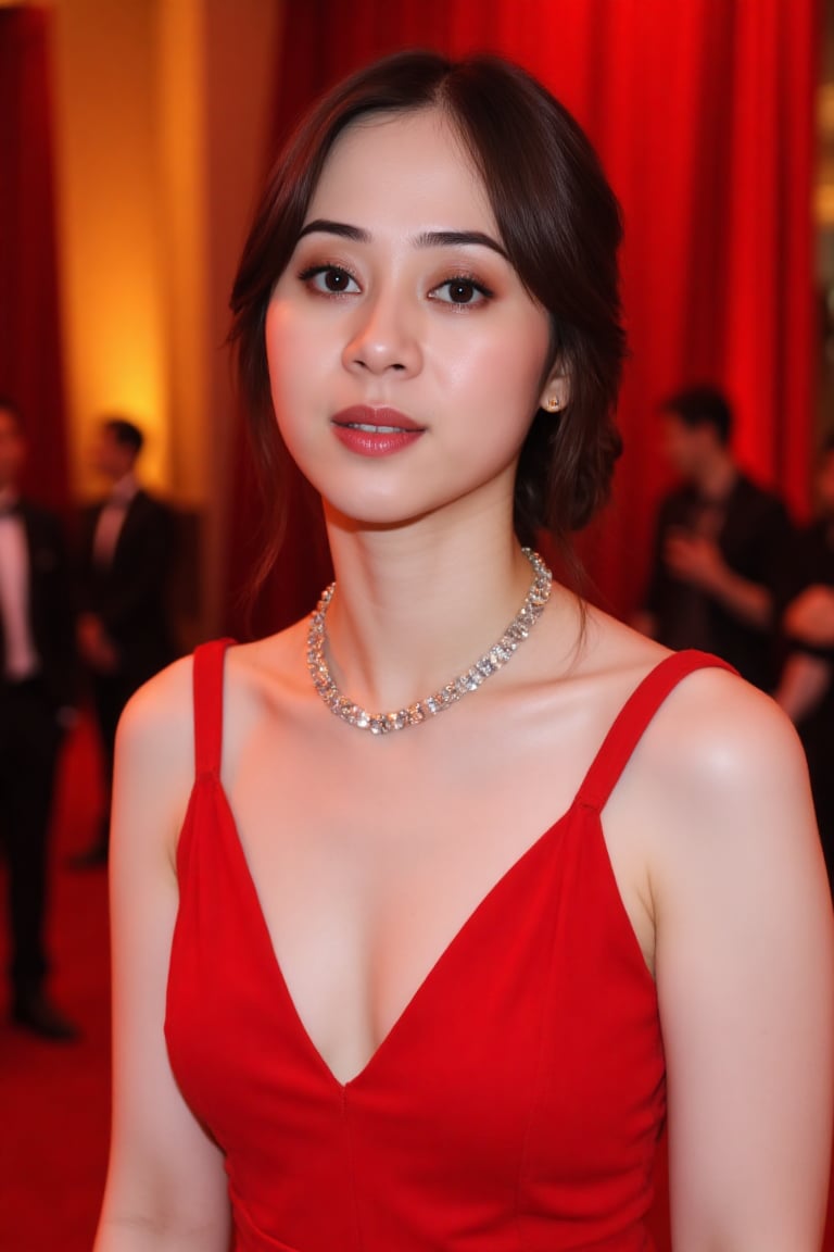 A photograph of a woman hair styled in an elegant updo,  wearing a bright red dress with a deep V-neckline. She is adorned...