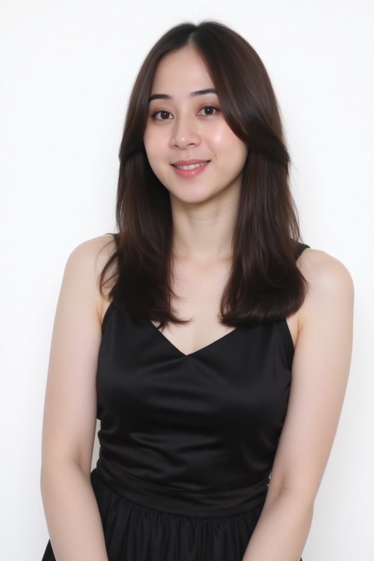 Photograph of a young Asian woman with fair skin and long,  dark brown hair. She wears a sleeveless,  black satin dress by...