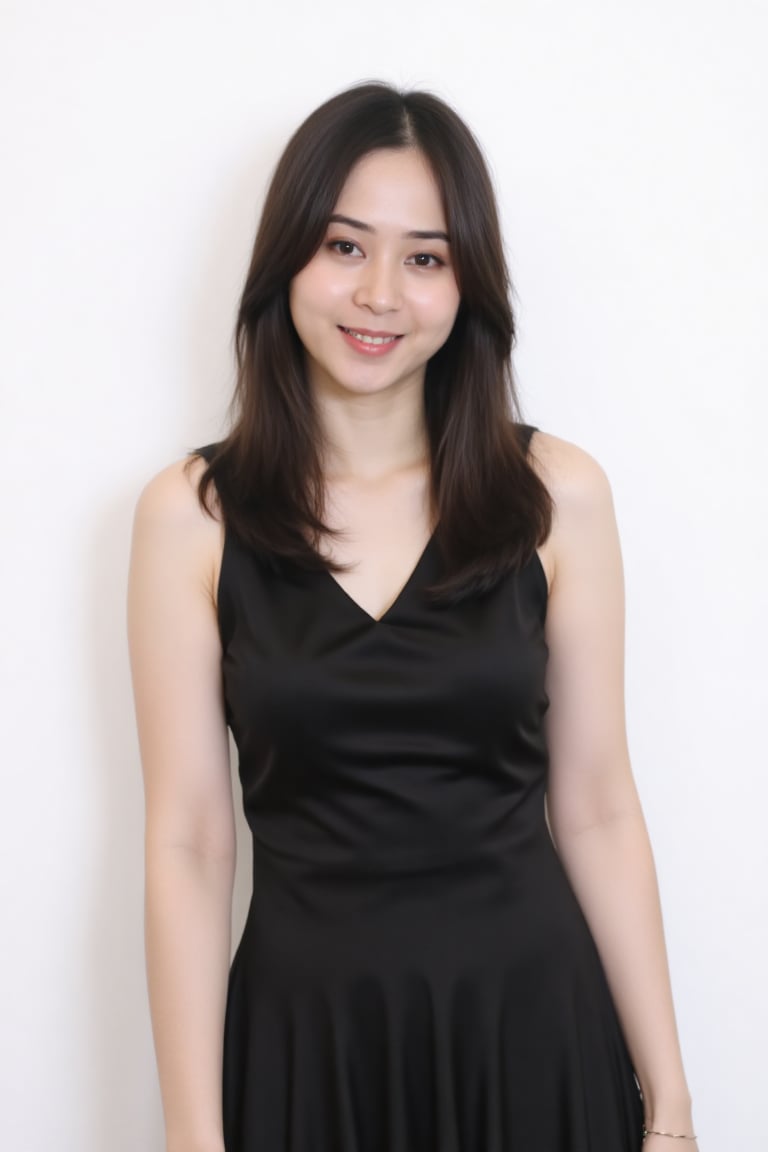 Photograph of a young Asian woman with fair skin and long,  dark brown hair. She wears a sleeveless,  black satin dress by...