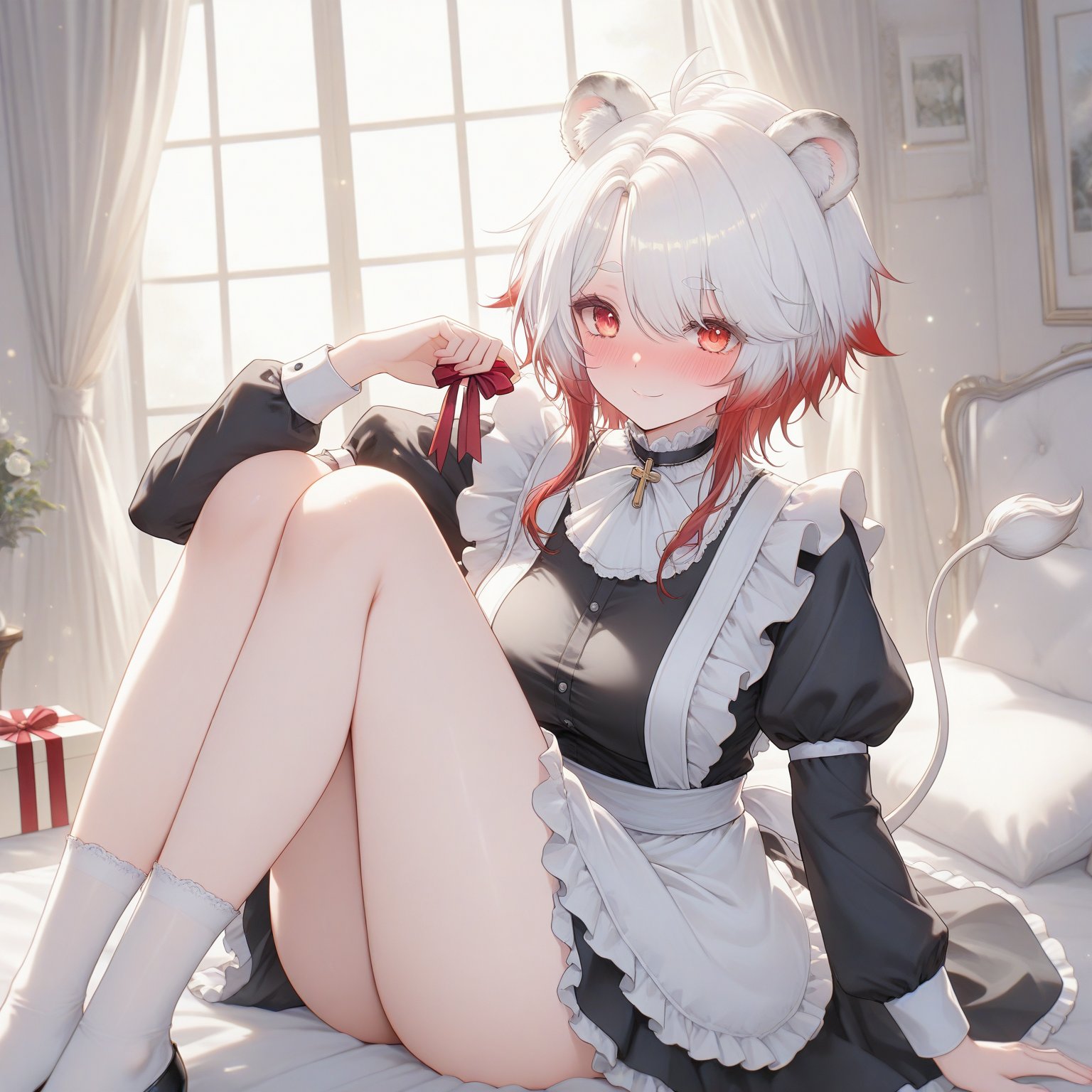 adult_female,  The character changes into a red maid suit without a maidhead. In the background of the room,  there are wi...