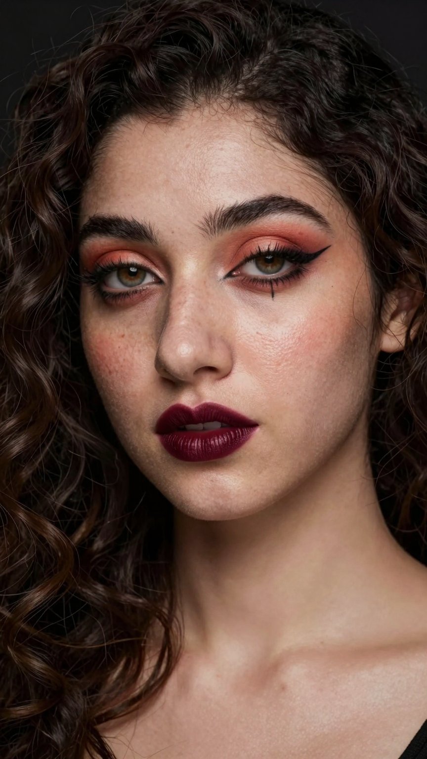 portrait of a glamorous ((pale white skin)),  Close-up portrait of a woman with a unique makeup style. Her eyes are highli...