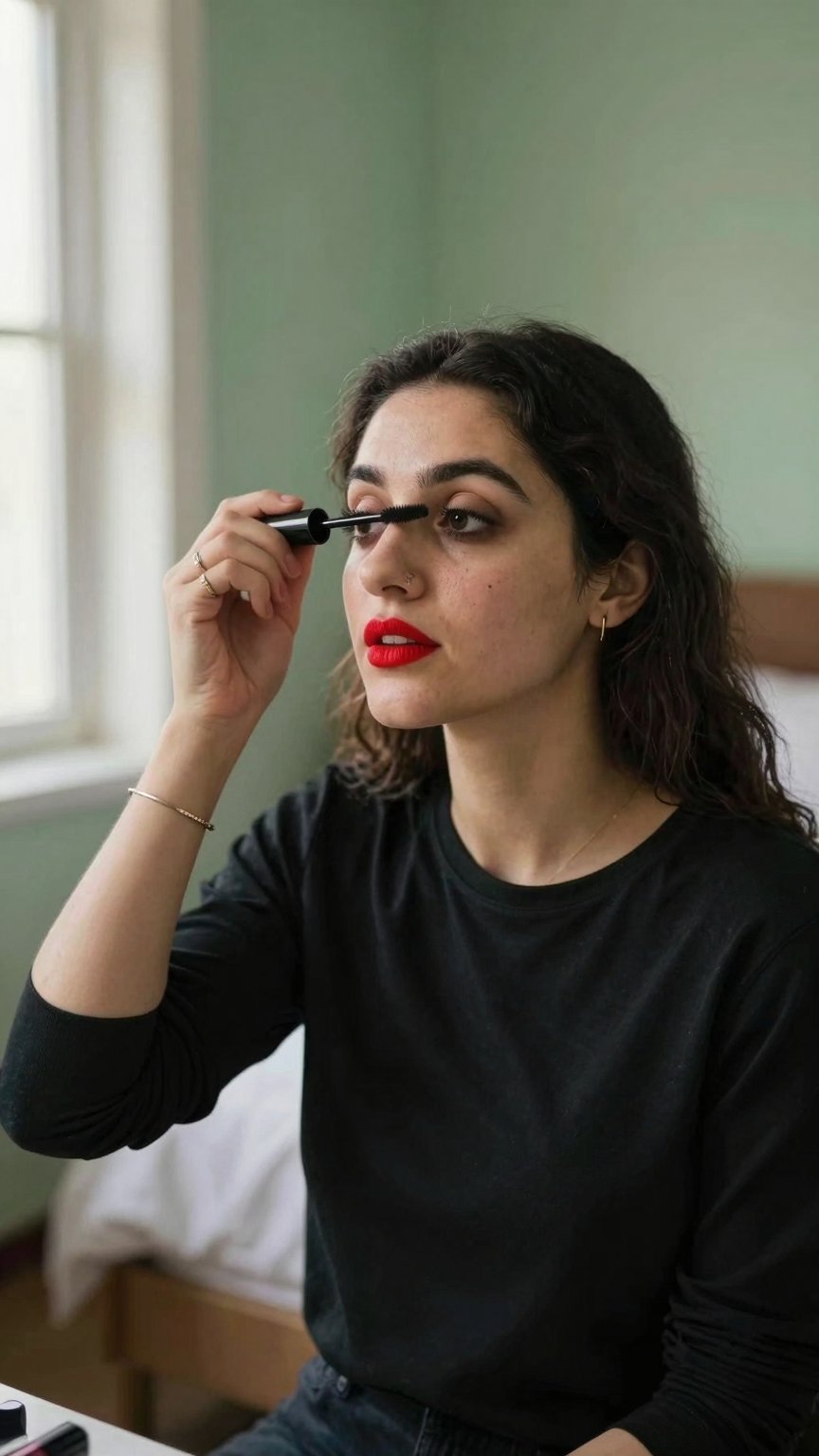 LIASYNTH,  wearing red lipstick,  seated indoors applying mascara to her eyelashes by AI factory on Tensor.Art