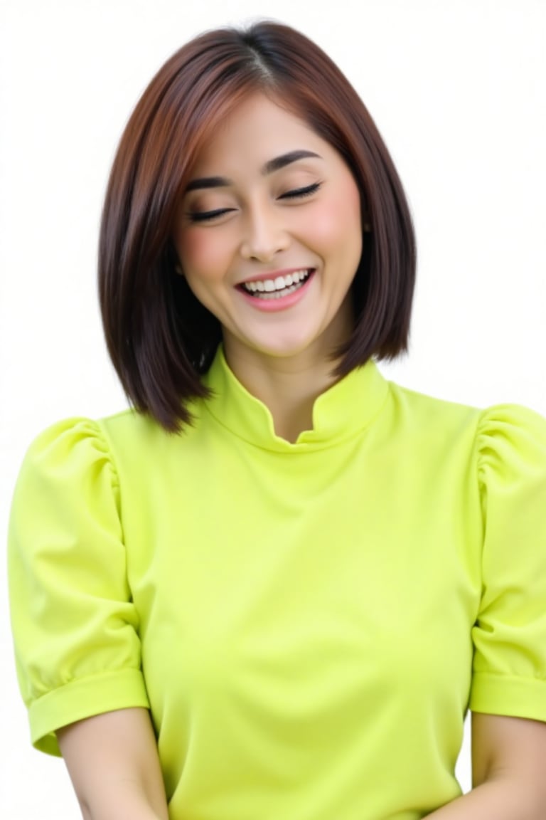 Photograph of a smiling Asian woman with shoulder-length dark brown hair,  wearing a bright lime green,  short-sleeved by...