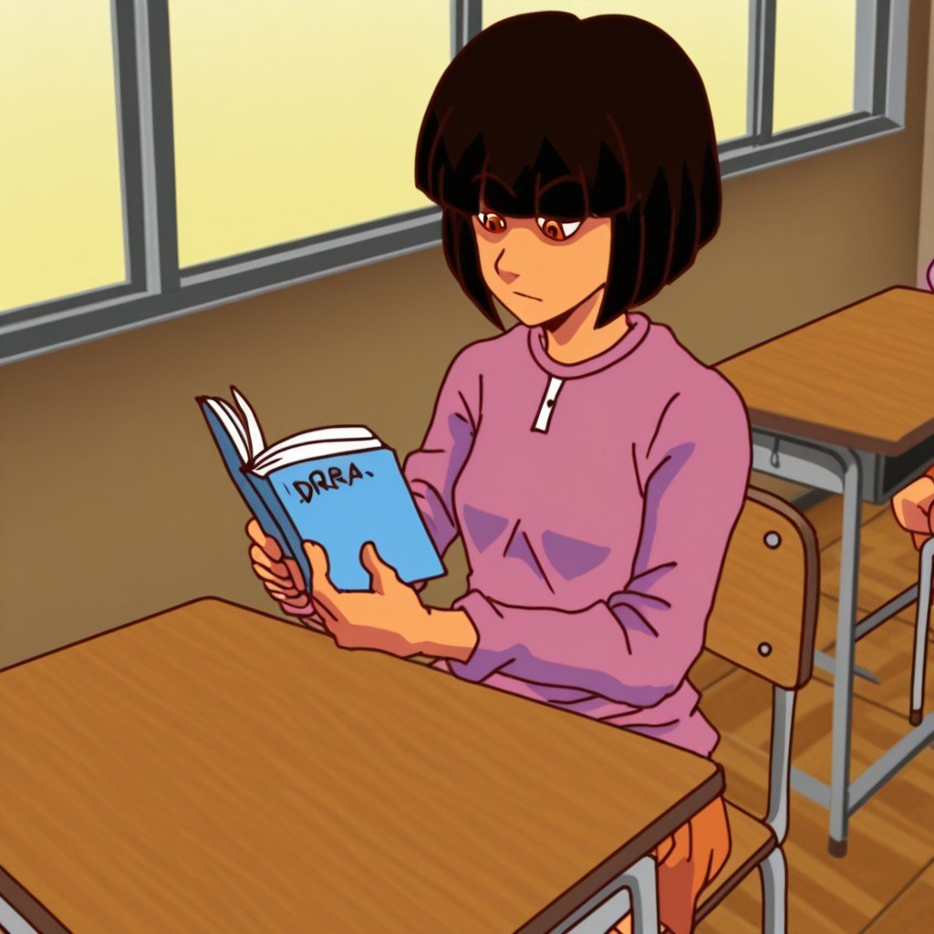 Dora sitting at her desk while reading a book. A classroom in the background. by Son of Sam on Tensor.Art