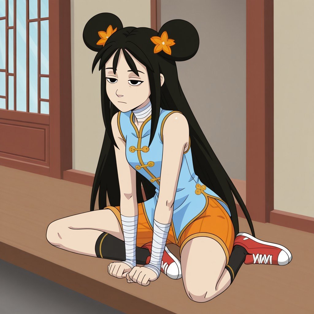 Kailan sits while meditating. In the background is a traditional Chinese home.Kailan,  1 girl,  light skin by Son of Sam o...