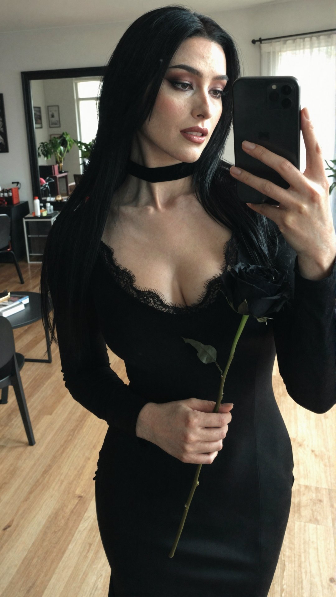 Unedited iPhone snapshot (mirror selfie,  close-up upper-body framing) of a 24-year-old woman cosplaying as Morticia Addam...