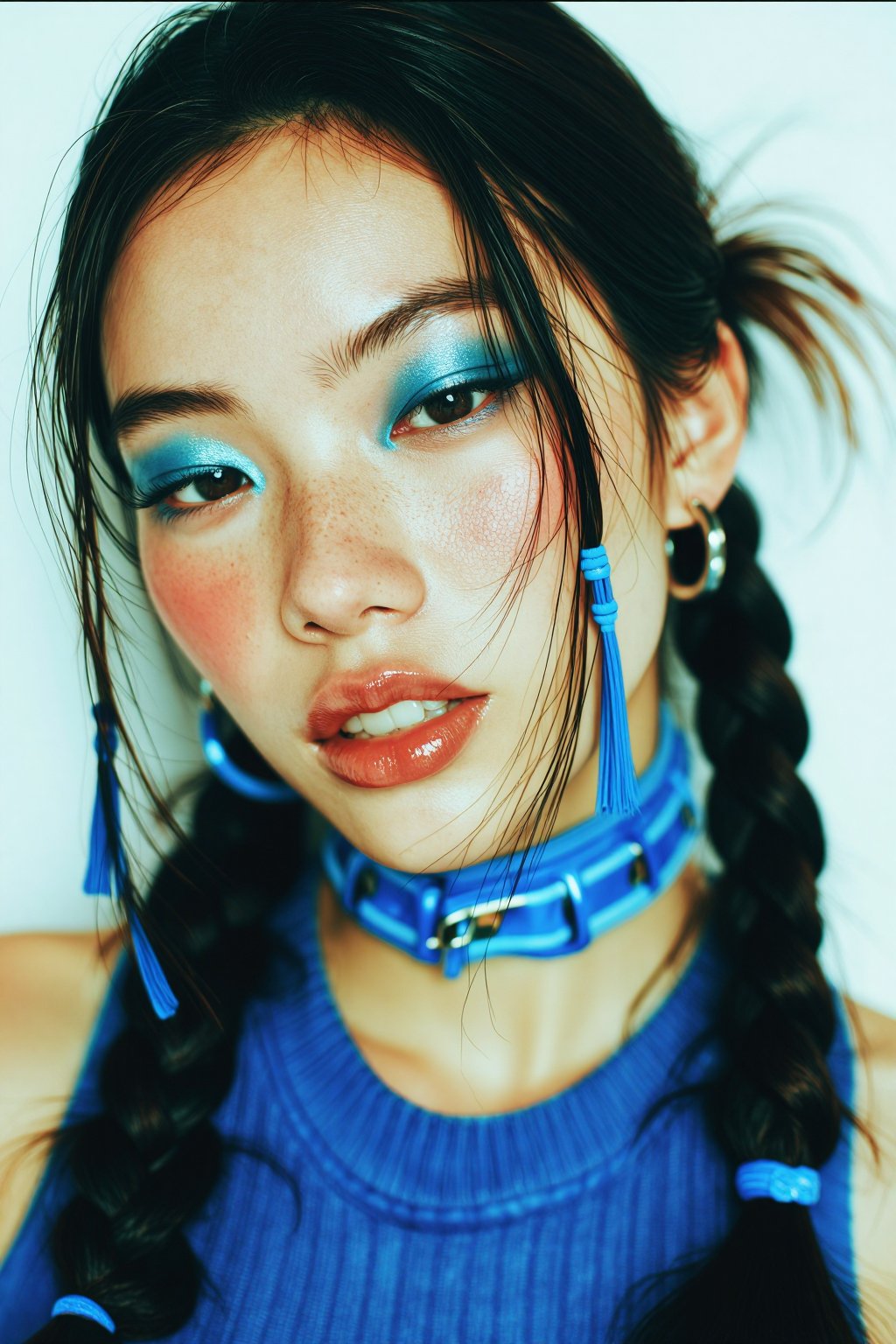 midjourneyanalog15t3 photograph. High-angle,  extreme close-up headshot of a young East Asian woman with freckles. Her dar...