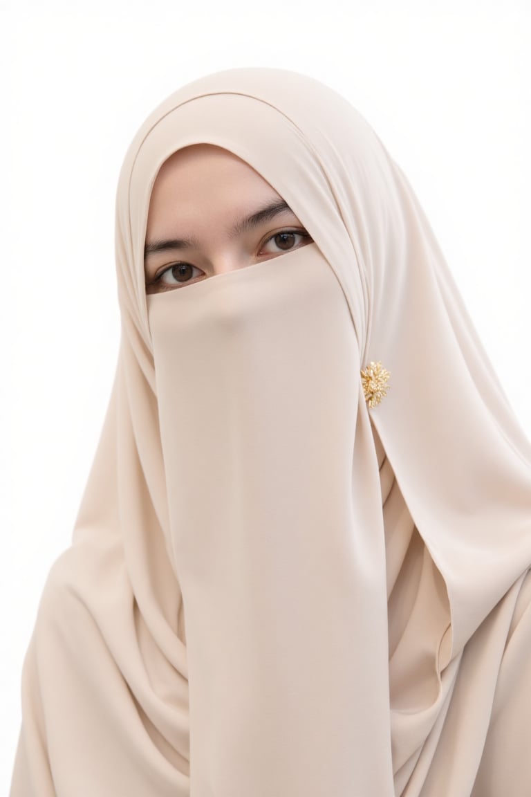 Photograph of a young woman with fair skin and brown eyes,  wearing a light beige hijab that covers her entire face except...