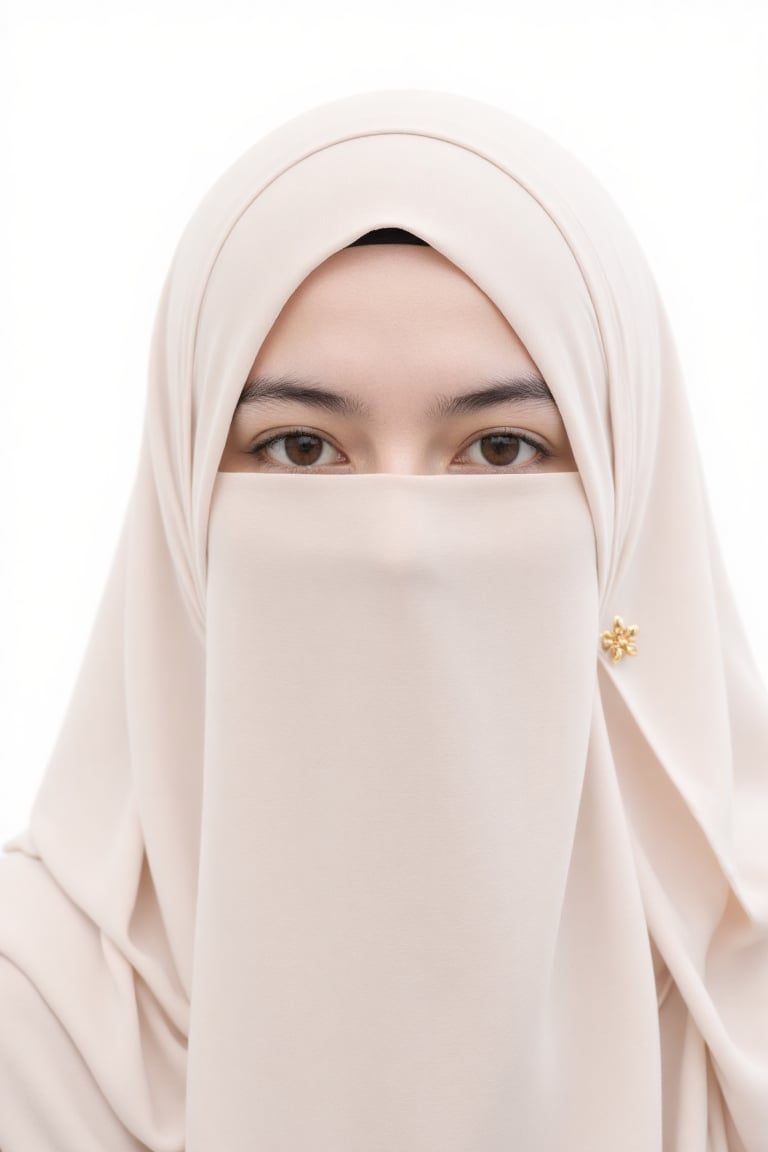 Photograph of a young woman with fair skin and brown eyes,  wearing a light beige hijab that covers her entire face except...