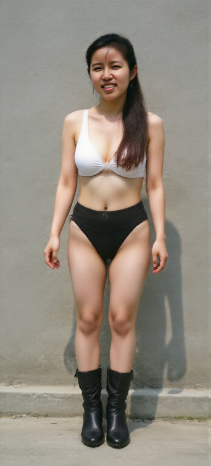 一位黑发束起的年轻女子站在明亮极简的白色背景前。她穿着白色两件式比基尼,  配有胸罩式上衣和配套的高开领下装。她直视观众,  脸上带着愉快的笑容。她的身体微微侧向一侧 by 妙手摧花 on Tensor.Art