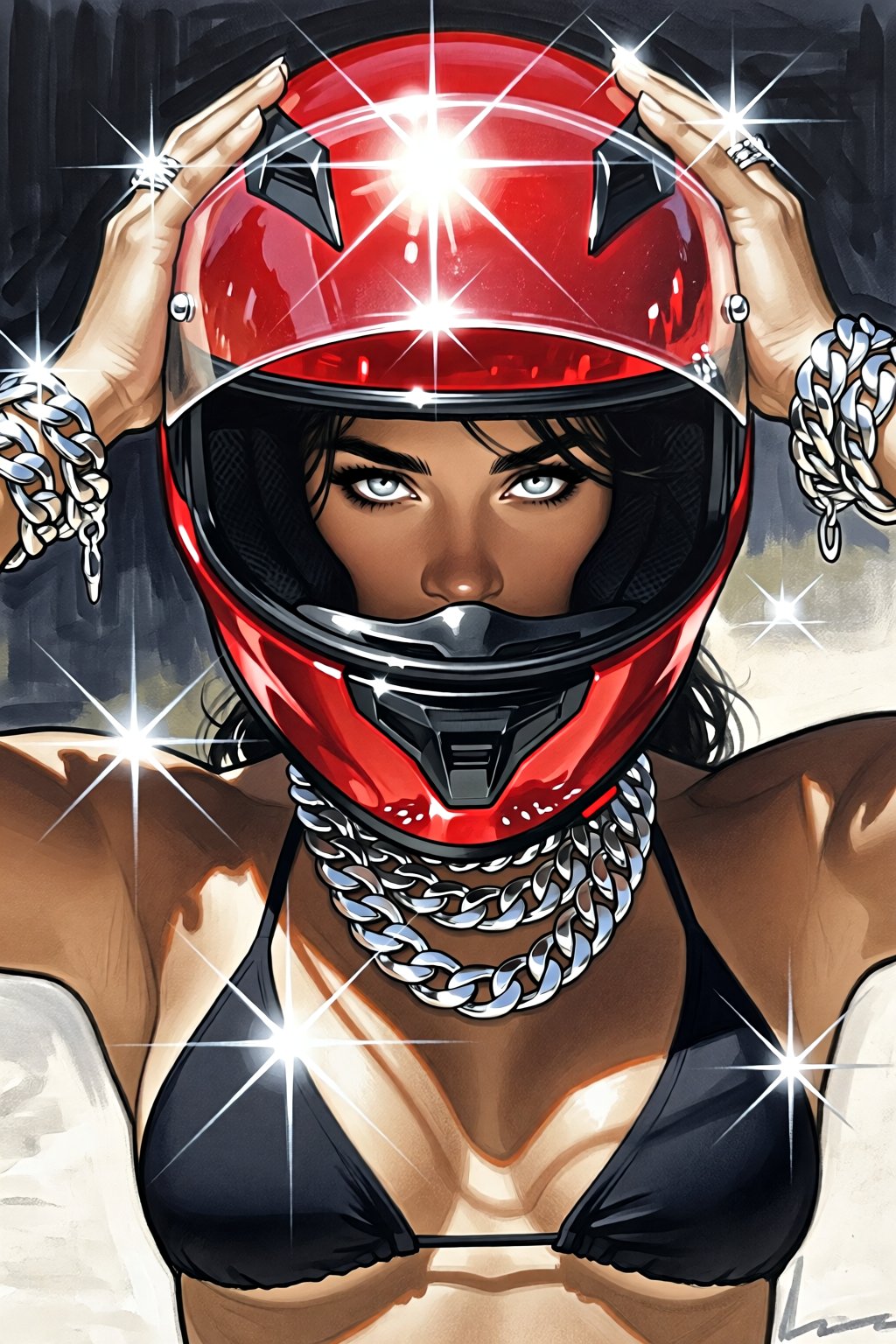 adamhughes10q illustration. Low-angle,  close-up of a young woman with tanned skin and dark hair taking off a glossy,  bri...