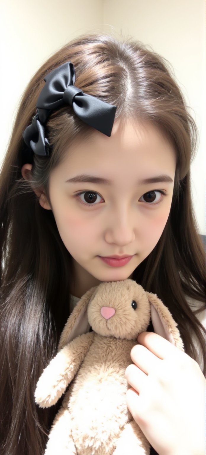 A young woman with long,  dark brown hair and fair skin gazes directly at the viewer with large,  dark eyes. She wears a p...