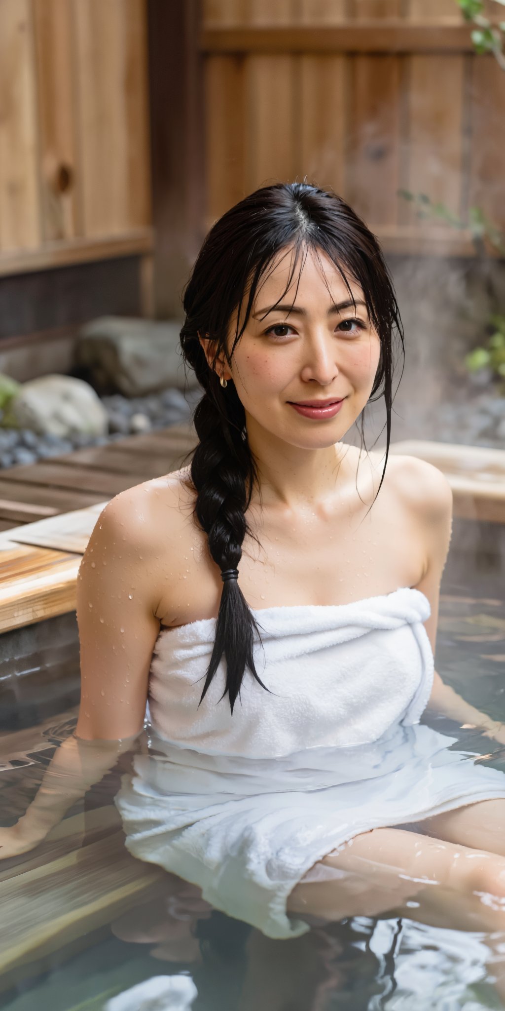 An ultra realistic photo of an adult Japanese woman with an athletic and slim body relaxing in a traditional outdoor hinok...