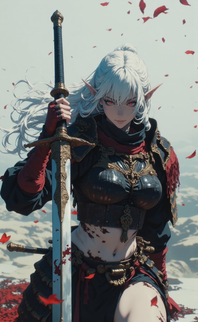 dramatic fantasy portrait of a stunning female elf warrior with long flowing silver-white hair blowing in the wind,  point...